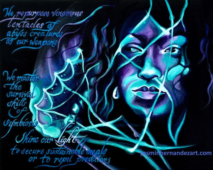 Painting of a glowing woman tangled in the tentacles of a bioluminescent jelly fish in lavendars and light blues on a black background.