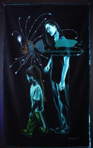 Painting of two figures glowing in blue against a black background. One is a child, the other an adolescent. Hovering over them is an angler fish. 