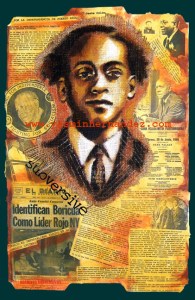 Painted image of a brown man with black curly hair over a yellow collage of newspaper clippings and photos on a manila file folder.